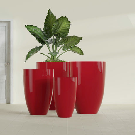 Brannan Tapered Round fiberglass planter in Gloss Red, size range, in a sunlit interior