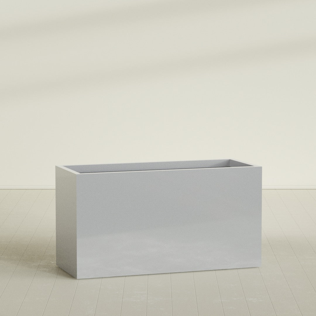Brisbane Rectangular Planter in Metallic Silver, 60"L × 24"D × 32"H, shown empty