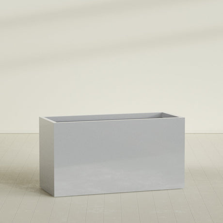 Brisbane Rectangular Planter in Metallic Silver, 60"L × 24"D × 32"H, shown empty