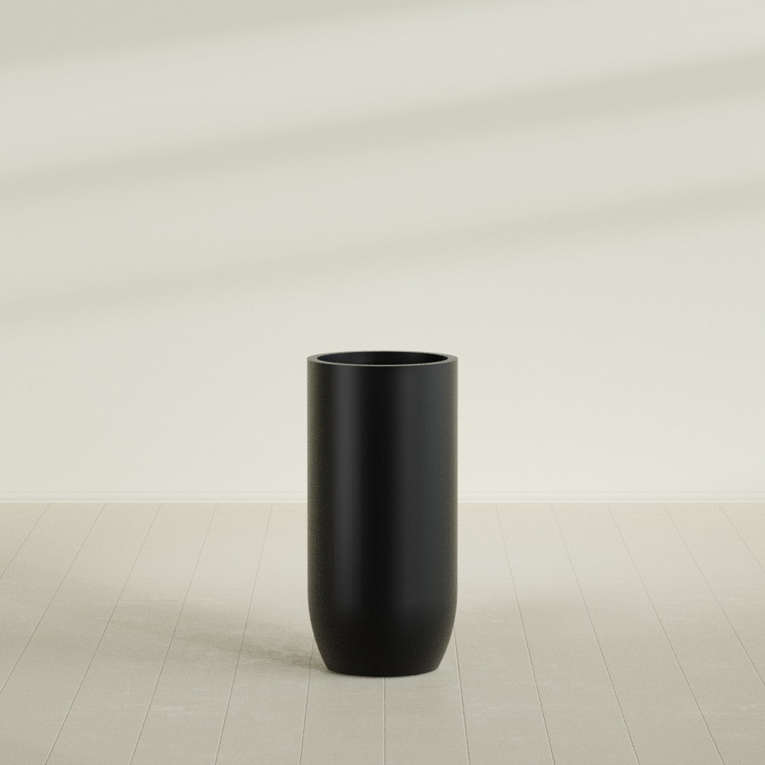 Saint Tropez Bullet Round Planter in Matte Black, 24"D × 50"H, shown empty