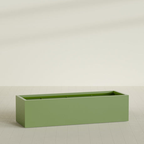Torino Wide Rectangular Planter in Satin Green, 72"L × 24"D × 18"H, shown empty