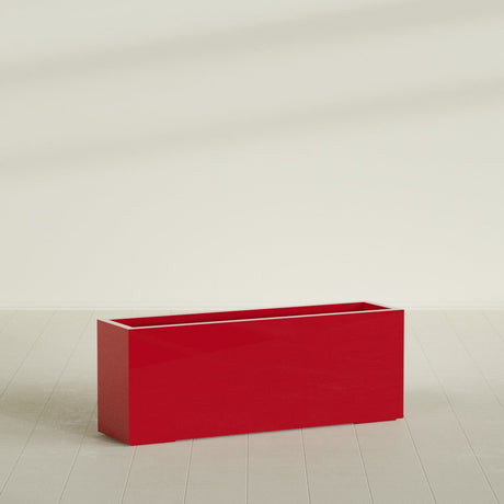 Miami Narrow Rectangular Planter in Gloss Red, 48"L × 12"D × 18"H, shown empty