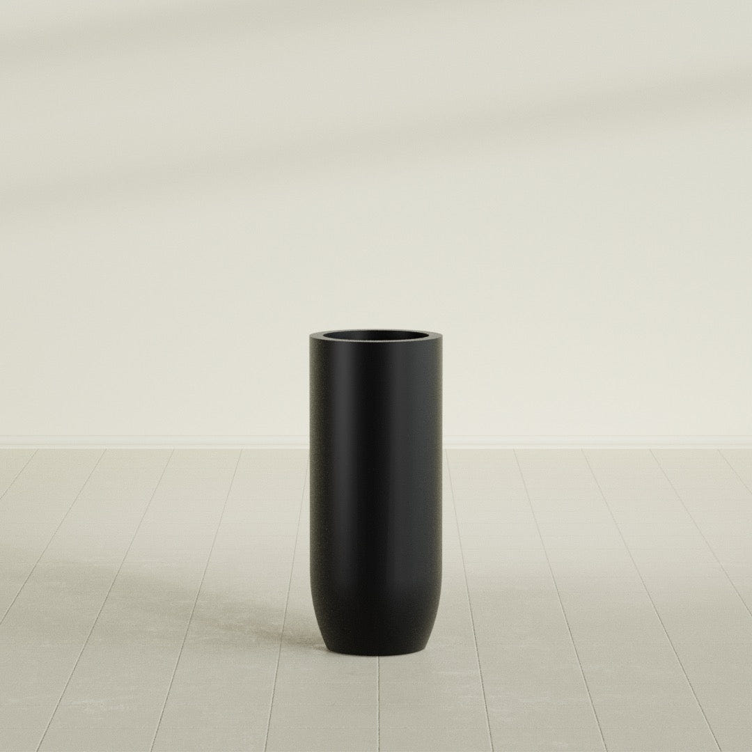 Saint Tropez Bullet Round Planter in Matte Black, 16"D × 38"H, shown empty