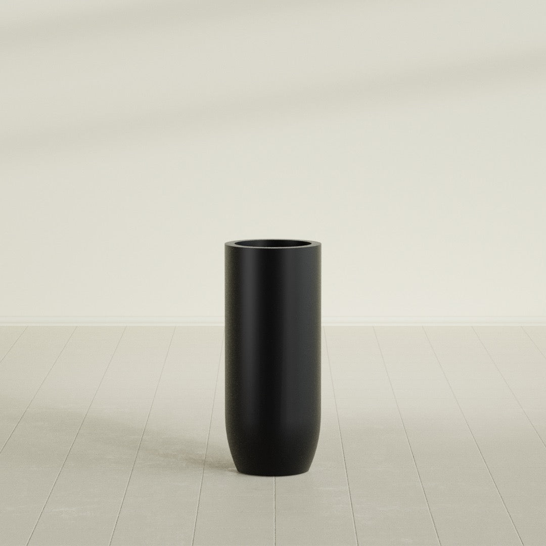 Saint Tropez Bullet Round Planter in Matte Black, 16"D × 38"H, shown empty