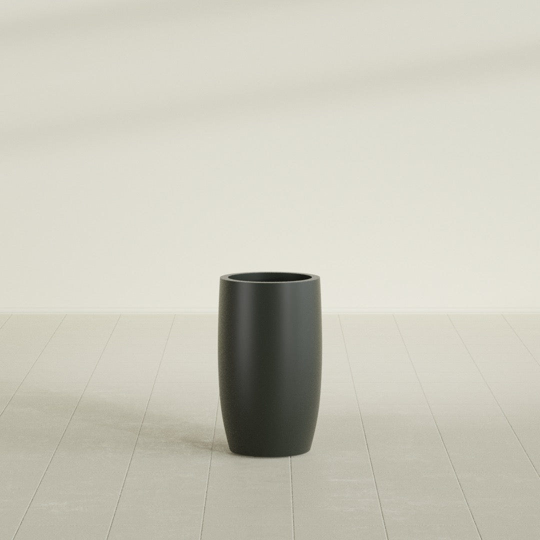 Lisbon tall round tapered fiberglass planter in Matte Charcoal, 14 in diameter, 25 in high, shown empty