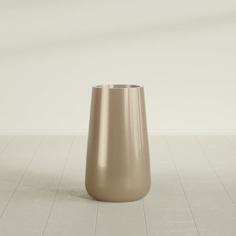 Saigon Tapered Round Planter in Gloss Metallic Gold, 16"D × 36"H, shown empty