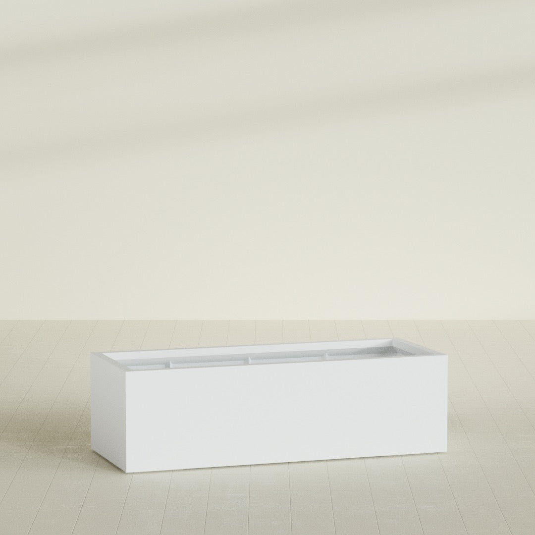 Torino Wide Rectangular Planter in Gloss Bright White, 60"L × 24"D × 18"H, shown empty