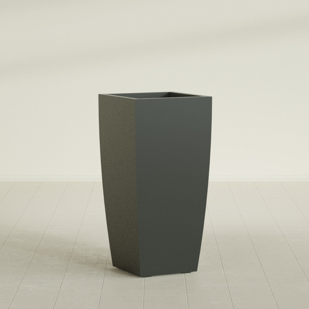 Toulan Tapered Square Planter in Matte Charcoal, 20"W × 42"H, shown empty