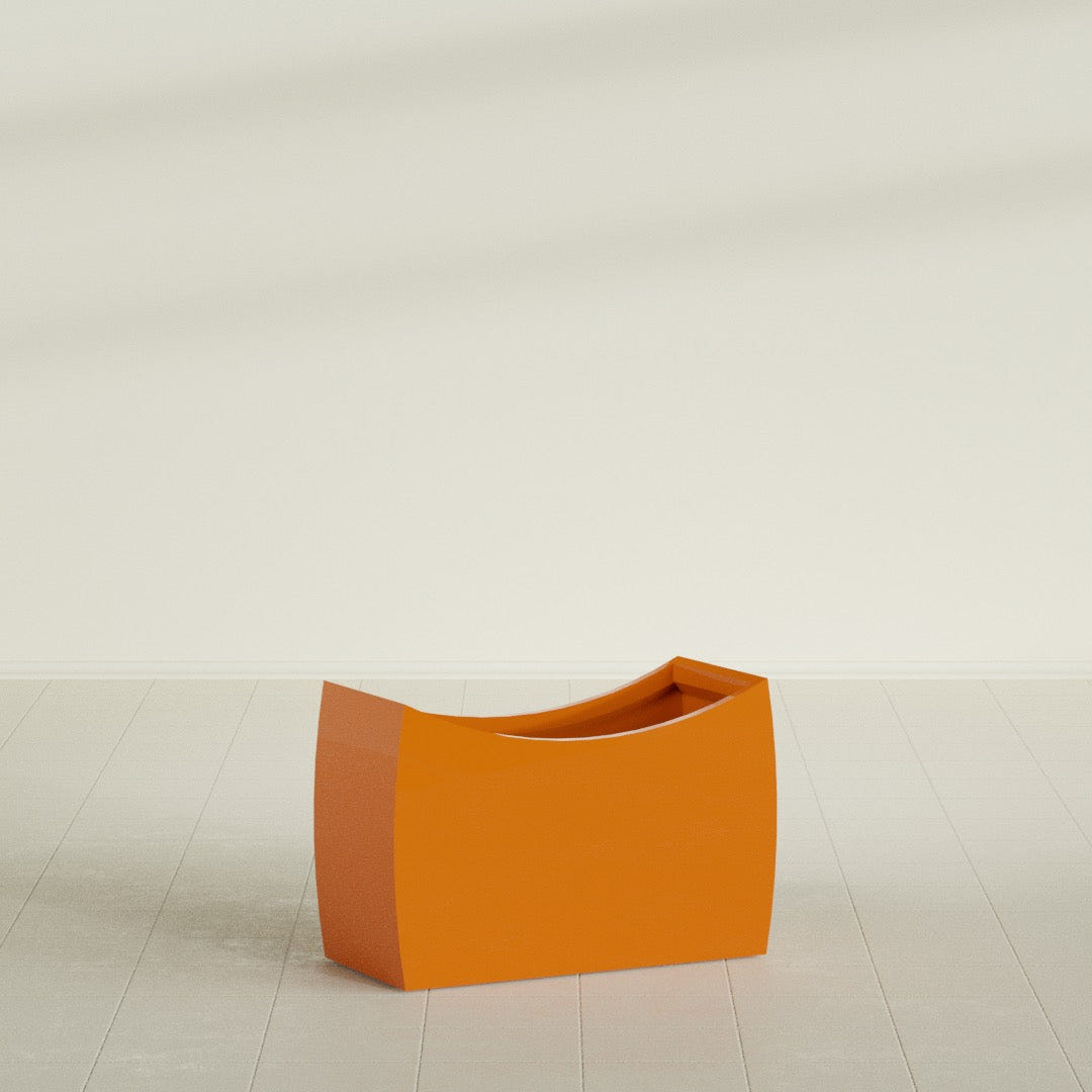 Seoul Curved Planter in Gloss Tangerine, 36"L × 16"D × 24"H, shown empty