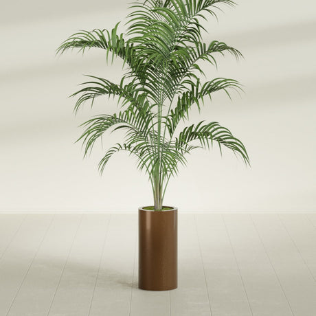 Corry Cylinder fiberglass planter in Metallic Bronze, shown planted, in a sunlit interior