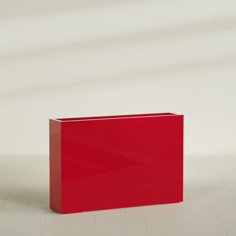 Amesbury Narrow Rectangular Planter in Gloss Red, 48"L × 10"D × 32"H, shown empty