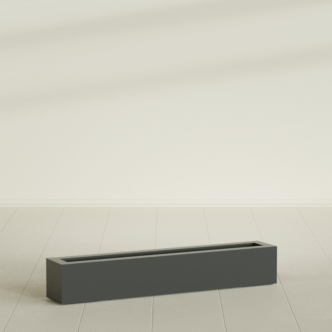 Salon Box Planter in Matte Charcoal, 48" Long, shown empty