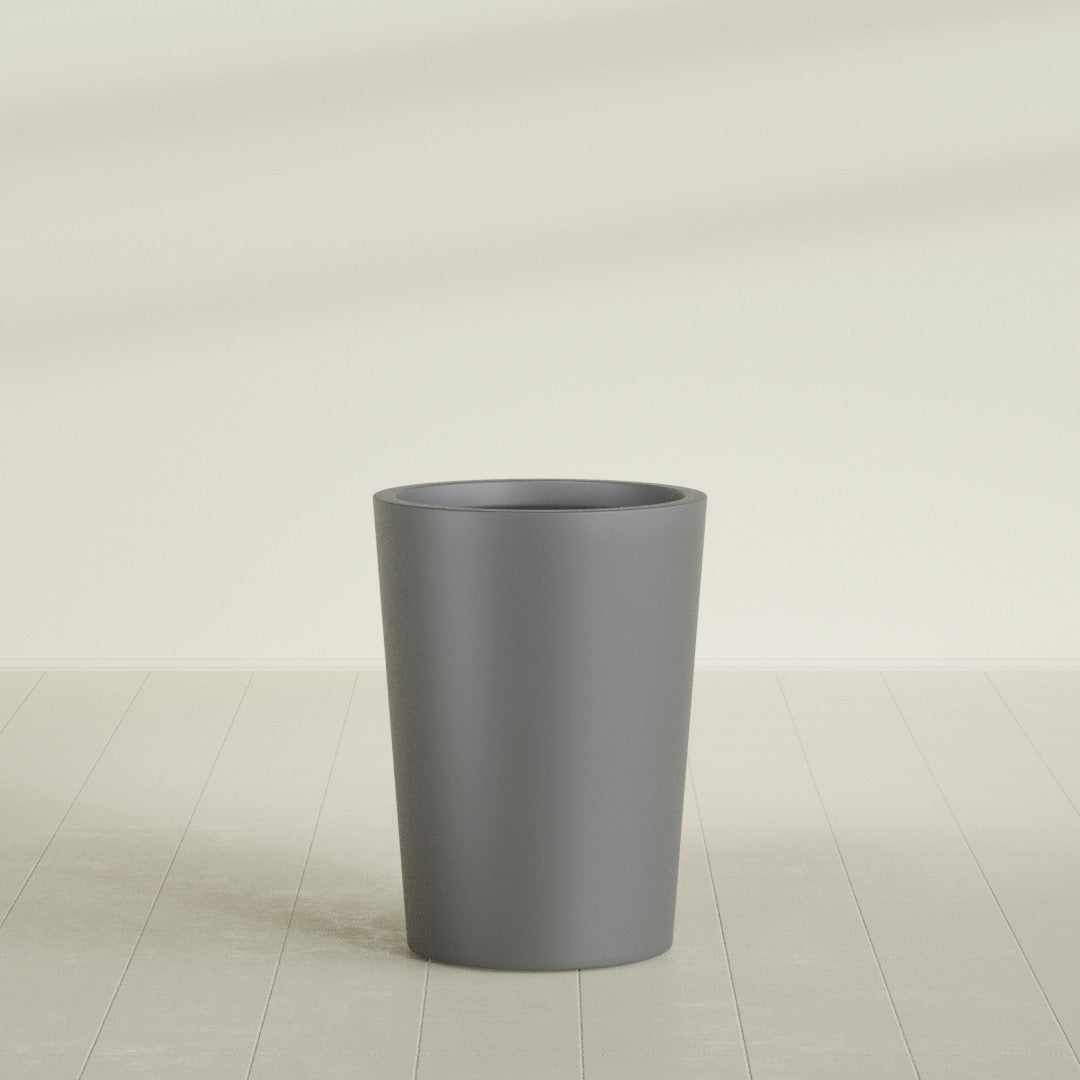 Tegel Round Tapered Planter in Matte Gunmetal, 22"D × 30"H, shown empty