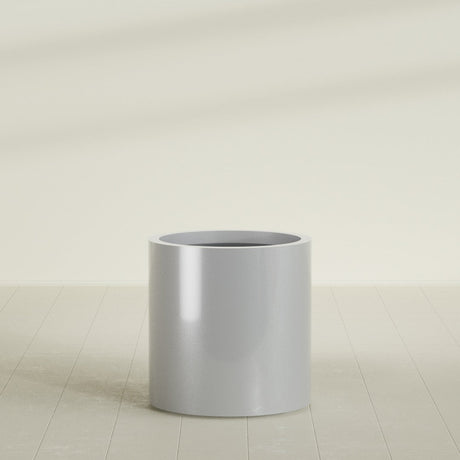 Rio Grande Cylinder Planter in Metallic Silver, 22"D × 22"H, shown empty