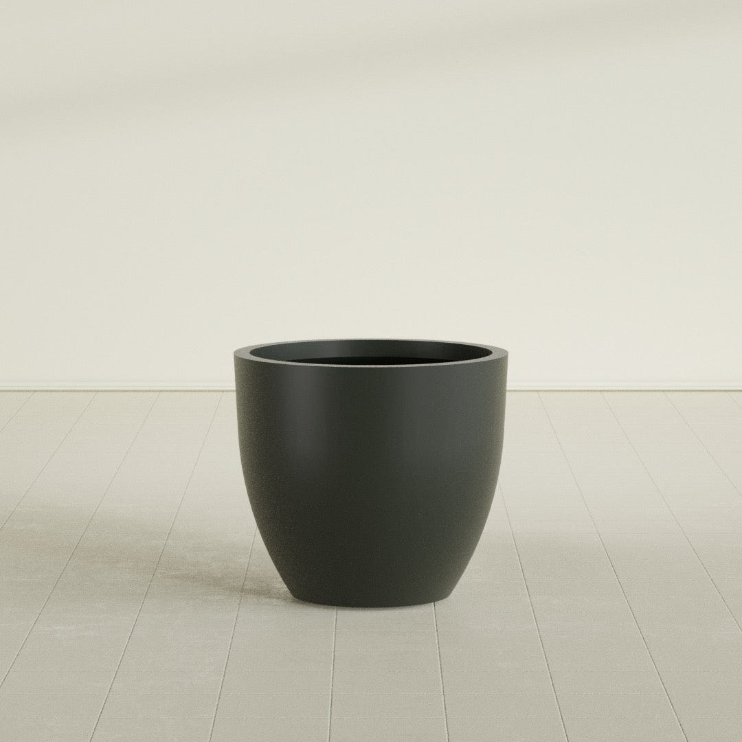 Wannsee Round Planter in Matte Charcoal, 33"D × 29"H, shown empty