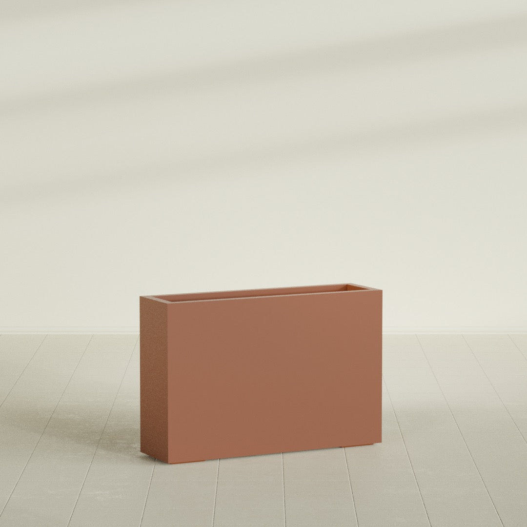 Milano Narrow Rectangular Planter in Matte Terra Cotta, 36"L × 10"D × 24"H, shown empty