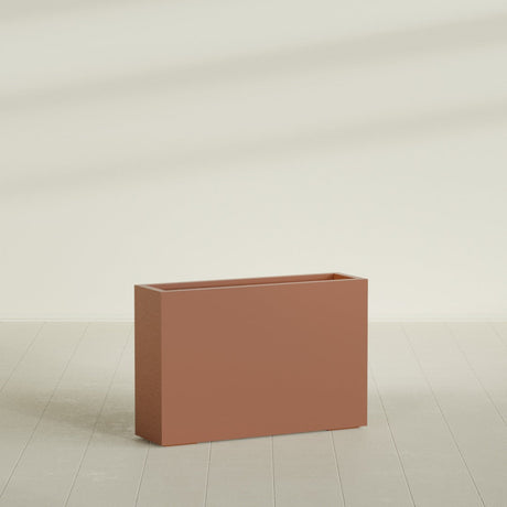 Milano Narrow Rectangular Planter in Matte Terra Cotta, 36"L × 10"D × 24"H, shown empty