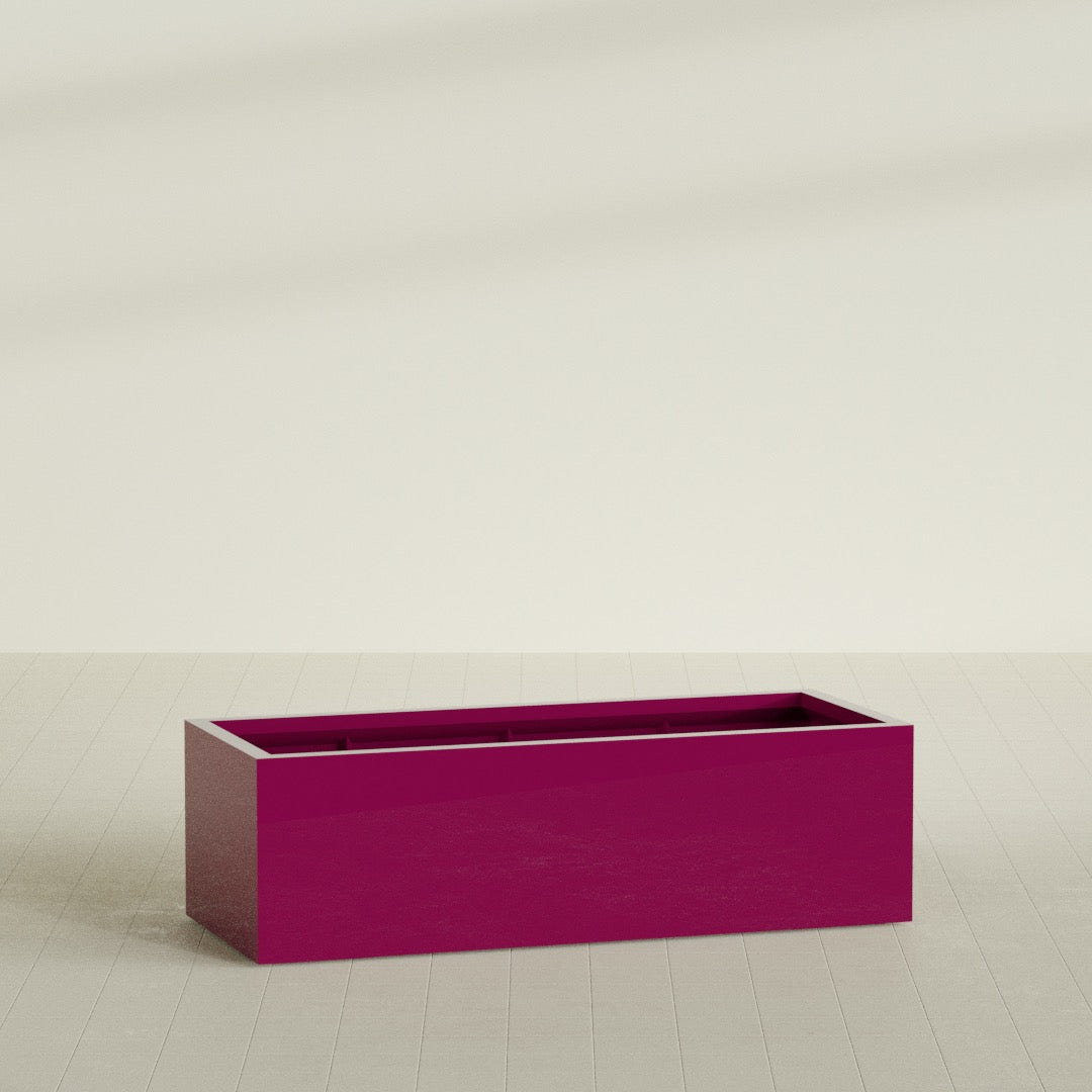 Torino Wide Rectangular Planter in Gloss Eggplant, 60"L × 24"D × 18"H, shown empty