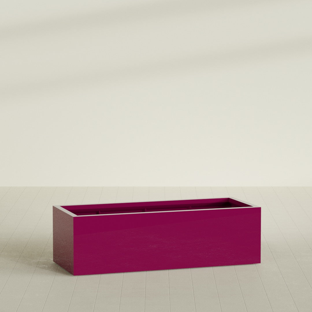 Torino Wide Rectangular Planter in Gloss Eggplant, 60"L × 24"D × 18"H, shown empty