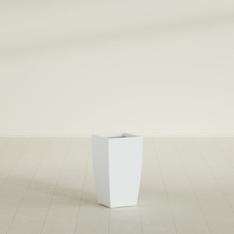 Toulan Tapered Square Planter in Matte Bright White, 12"W × 22"H, shown empty