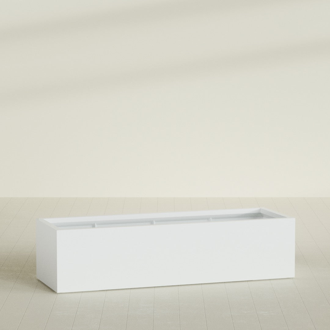 Torino Wide Rectangular Planter in Matte Bright White, 72"L × 24"D × 18"H, shown empty