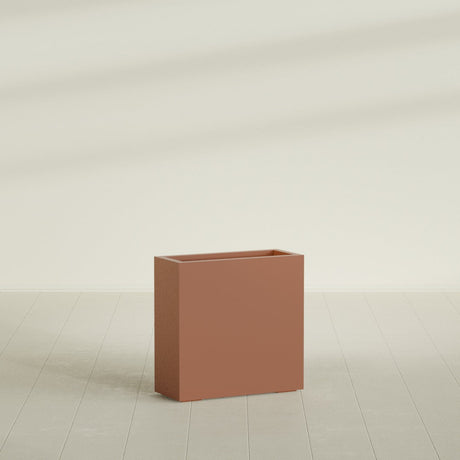 Milano Narrow Rectangular Planter in Matte Terra Cotta, 24"L × 10"D × 24"H, shown empty