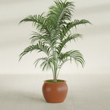 Shanghai Fishbowl fiberglass planter in Matte Terra Cotta, shown planted, in a sunlit interior