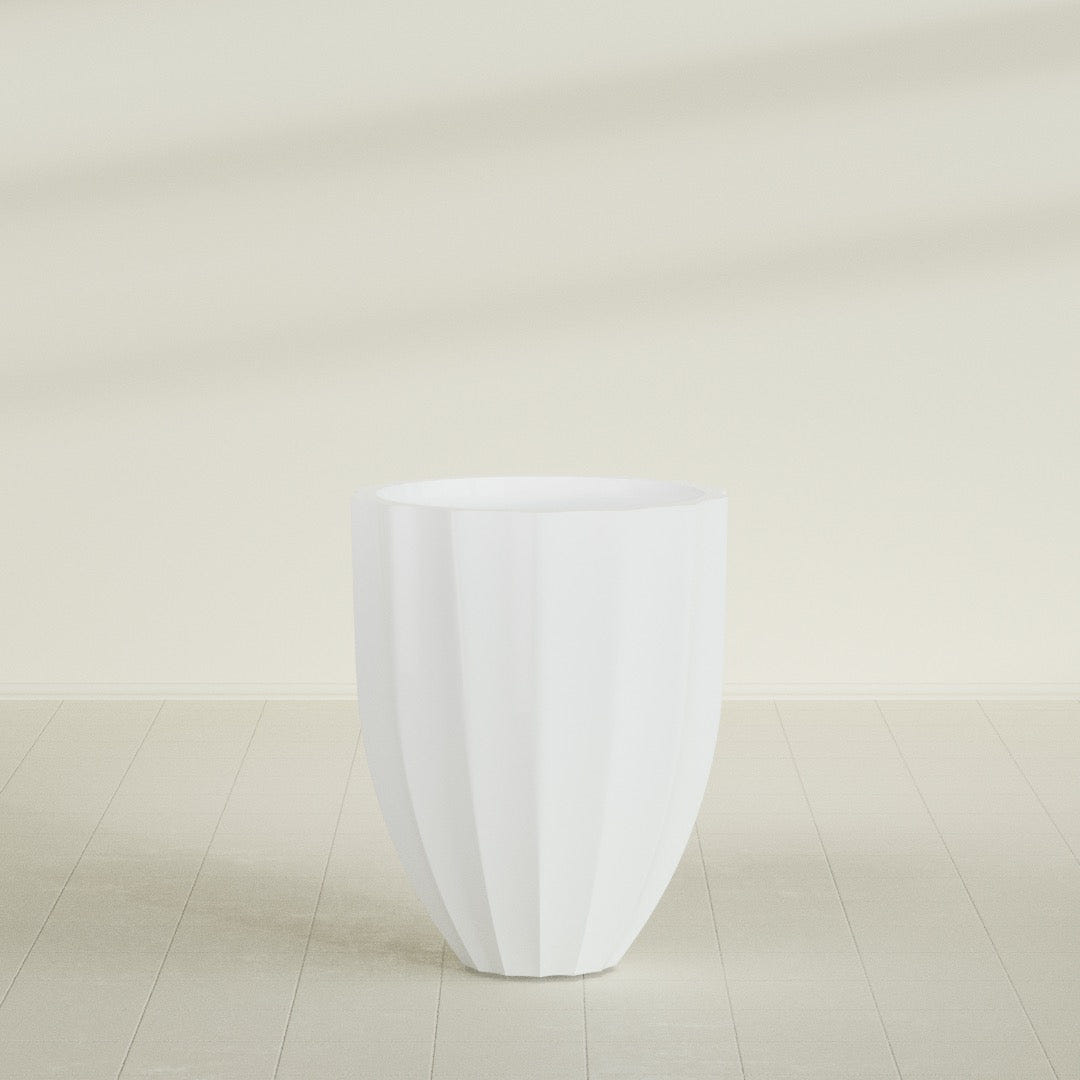 Alicante Fluted Planter in Matte Bright White, 26"D × 32"H, shown empty