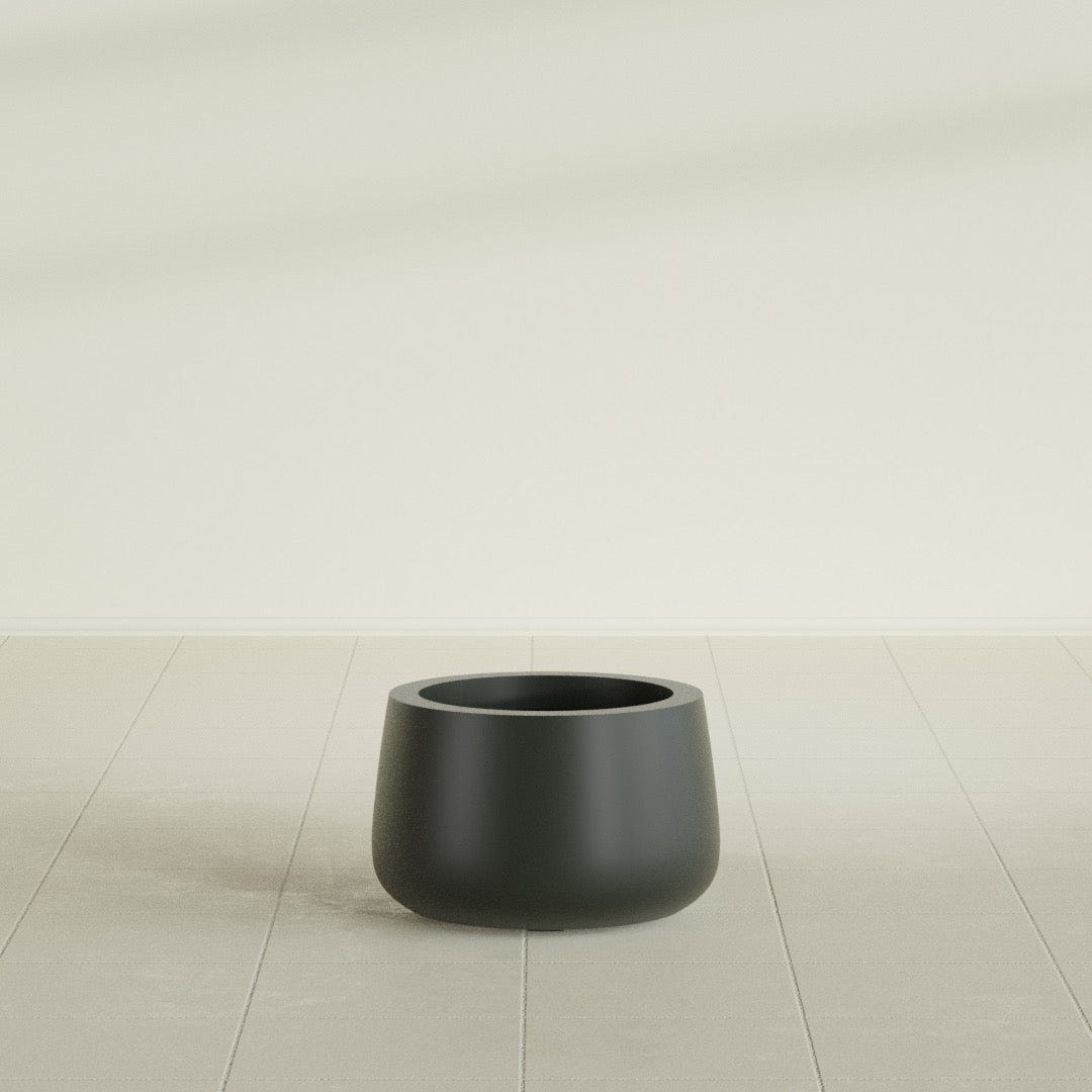 Short Hayden Bowl Planter in Matte Charcoal, 12"D × 7"H, shown empty