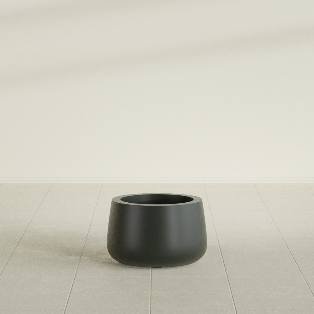 Short Hayden Bowl Planter in Matte Charcoal, 12"D × 7"H, shown empty