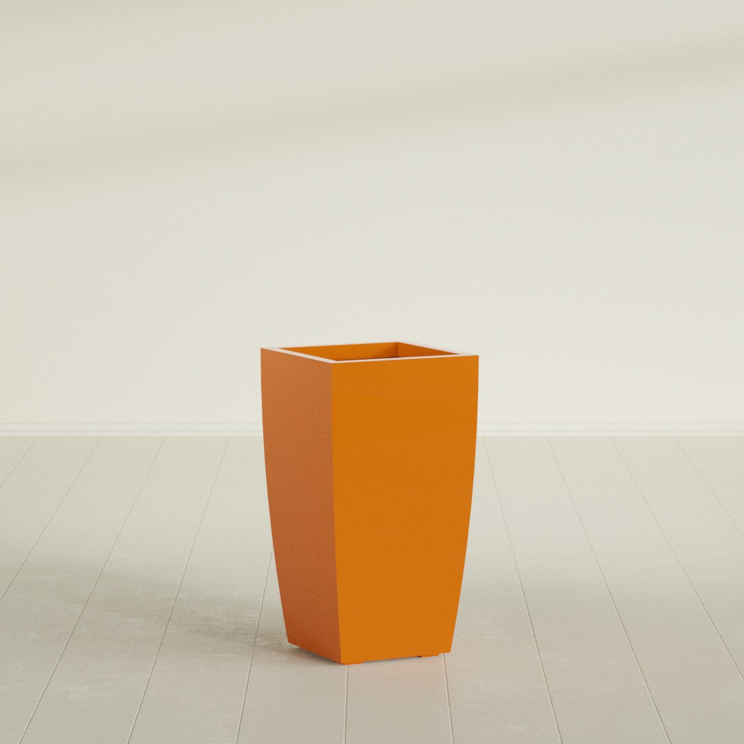 Toulan Tapered Square Planter in Gloss Tangerine, 16"W × 30"H, shown empty
