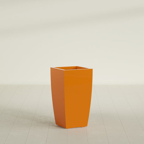 Toulan Tapered Square Planter in Gloss Tangerine, 16"W × 30"H, shown empty