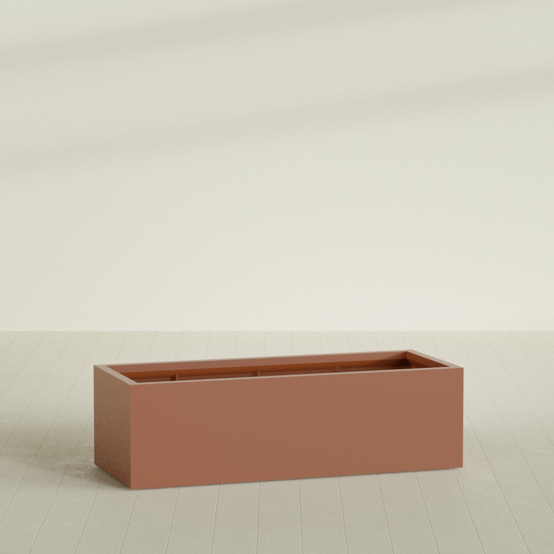 Torino Wide Rectangular Planter in Matte Terra Cotta, 60"L × 24"D × 18"H, shown empty