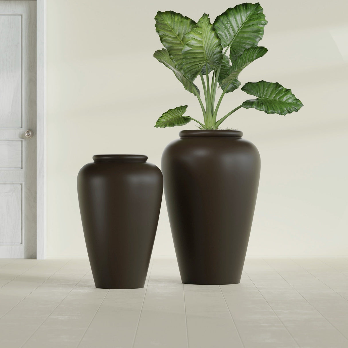 Barà Jar fiberglass planter in Matte Dark Brown, size range, in a sunlit interior
