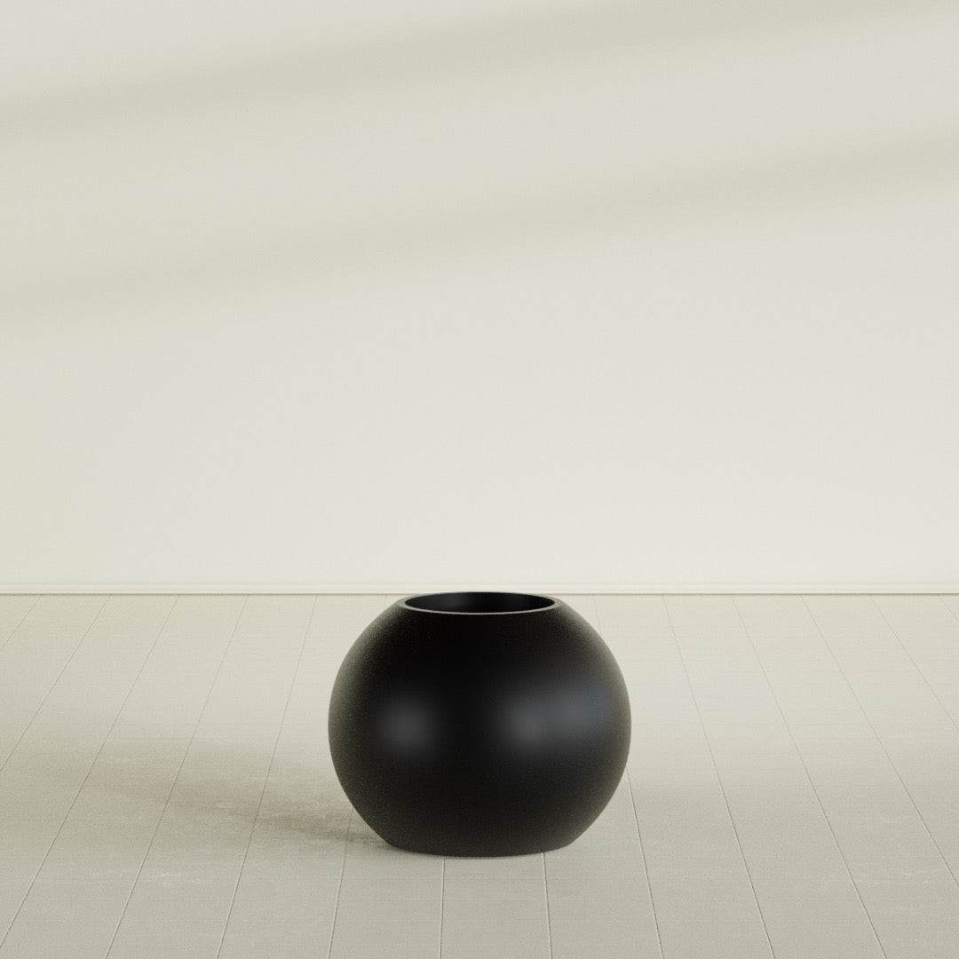 Globe Planter in Matte Black, 24"D × 19"H, shown empty