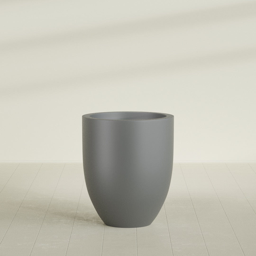 Valencia Tapered Round Planter in Matte Gunmetal, 27"D × 31"H, shown empty