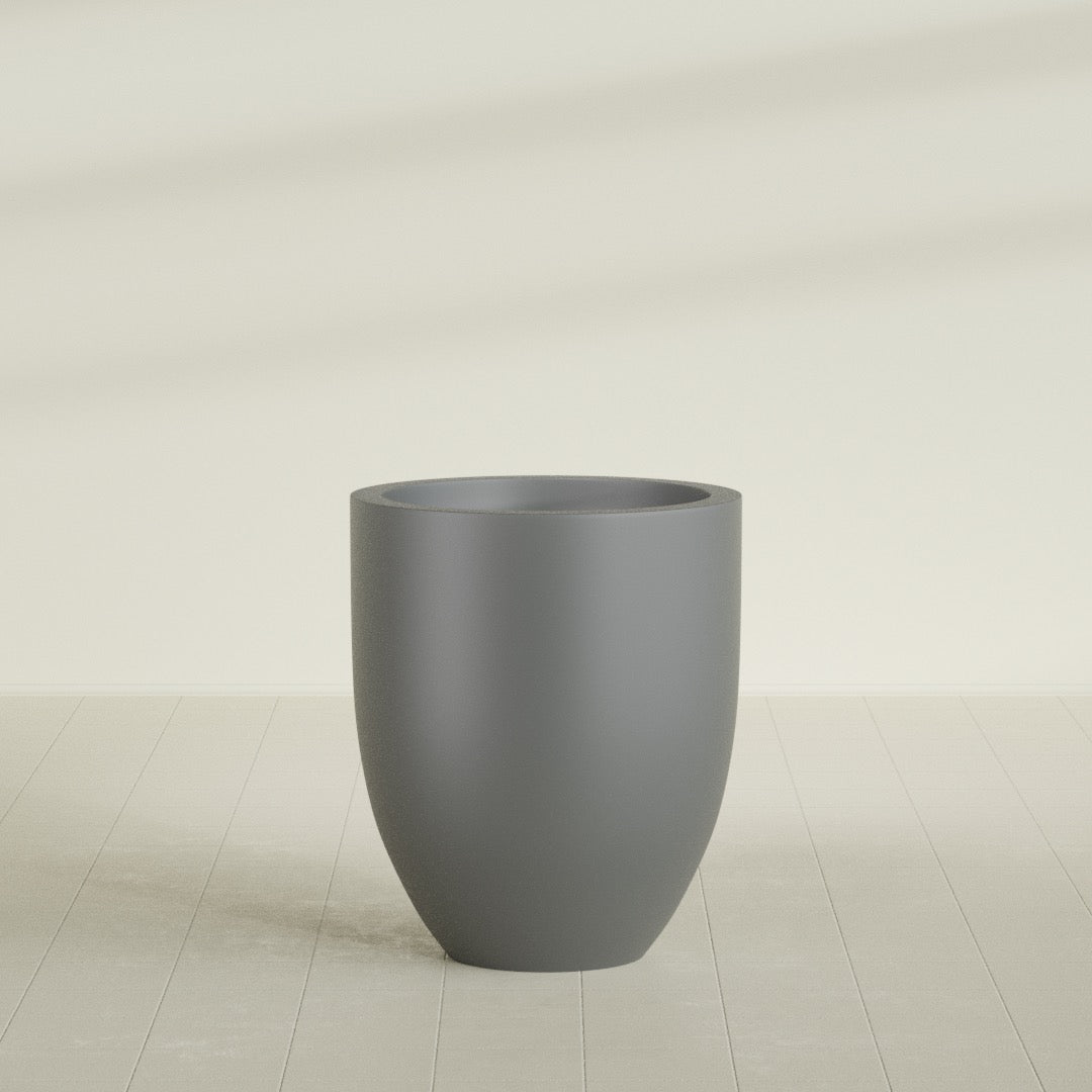 Valencia Tapered Round Planter in Matte Gunmetal, 27"D × 31"H, shown empty