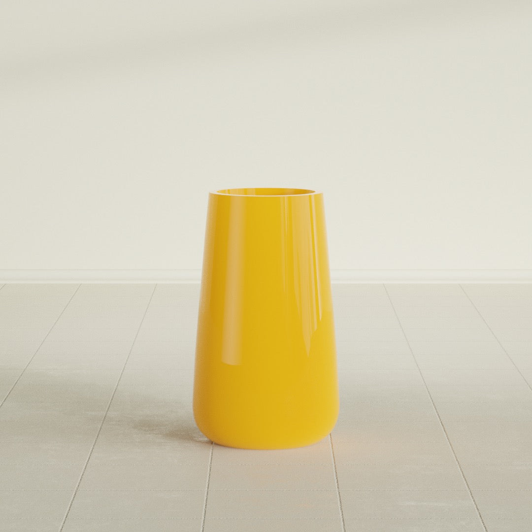 Saigon Tapered Round Planter in Gloss Saffron, 14"D × 30"H, shown empty