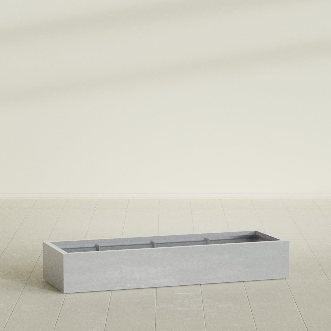 Antwerp Rectangular Planter in Metallic Silver, 72"L × 24"D × 12"H, shown empty