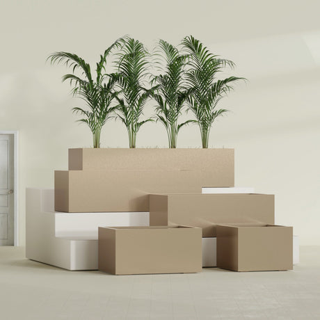 Torino Wide Rectangular fiberglass planter in Gloss Metallic Gold, size range, in a sunlit interior
