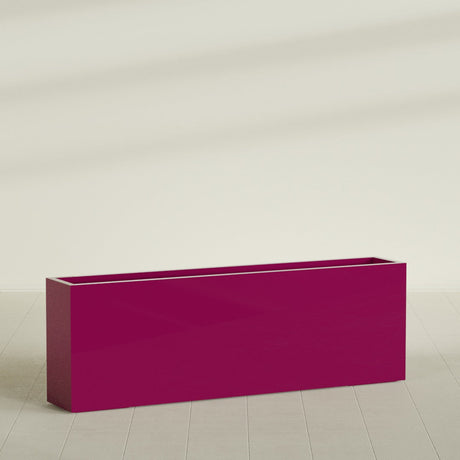 Hollywood Narrow Rectangular Planter in Gloss Eggplant, 72"L × 12"D × 24"H, shown empty