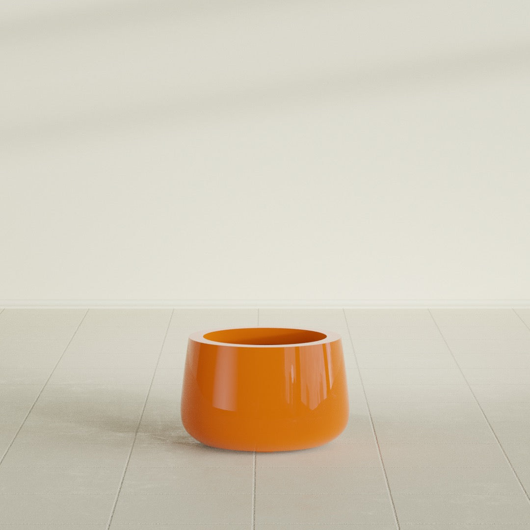 Short Hayden Bowl Planter in Gloss Tangerine, 12"D × 7"H, shown empty