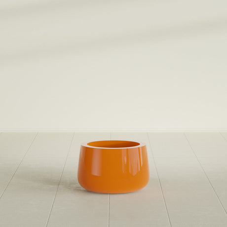 Short Hayden Bowl Planter in Gloss Tangerine, 12"D × 7"H, shown empty