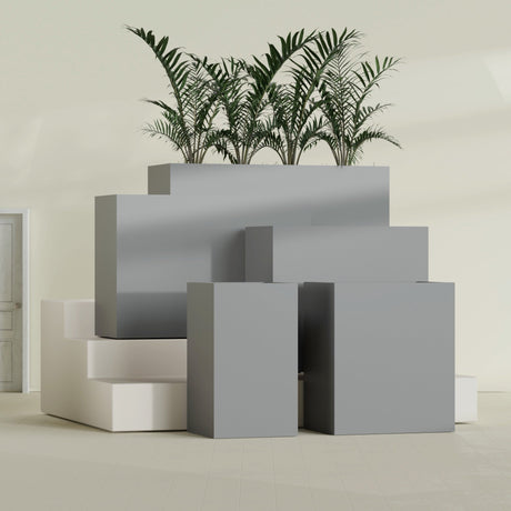 Darwin Rectangular fiberglass planter in Matte Gunmetal, size range, in a sunlit interior