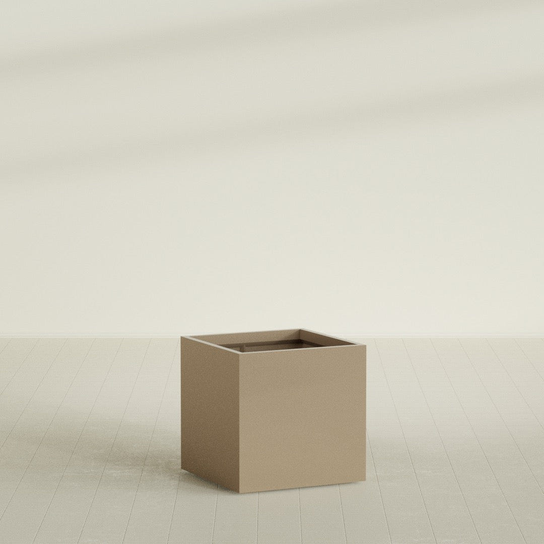 Montroy Cube Planter in Gloss Metallic Gold, 32", shown empty