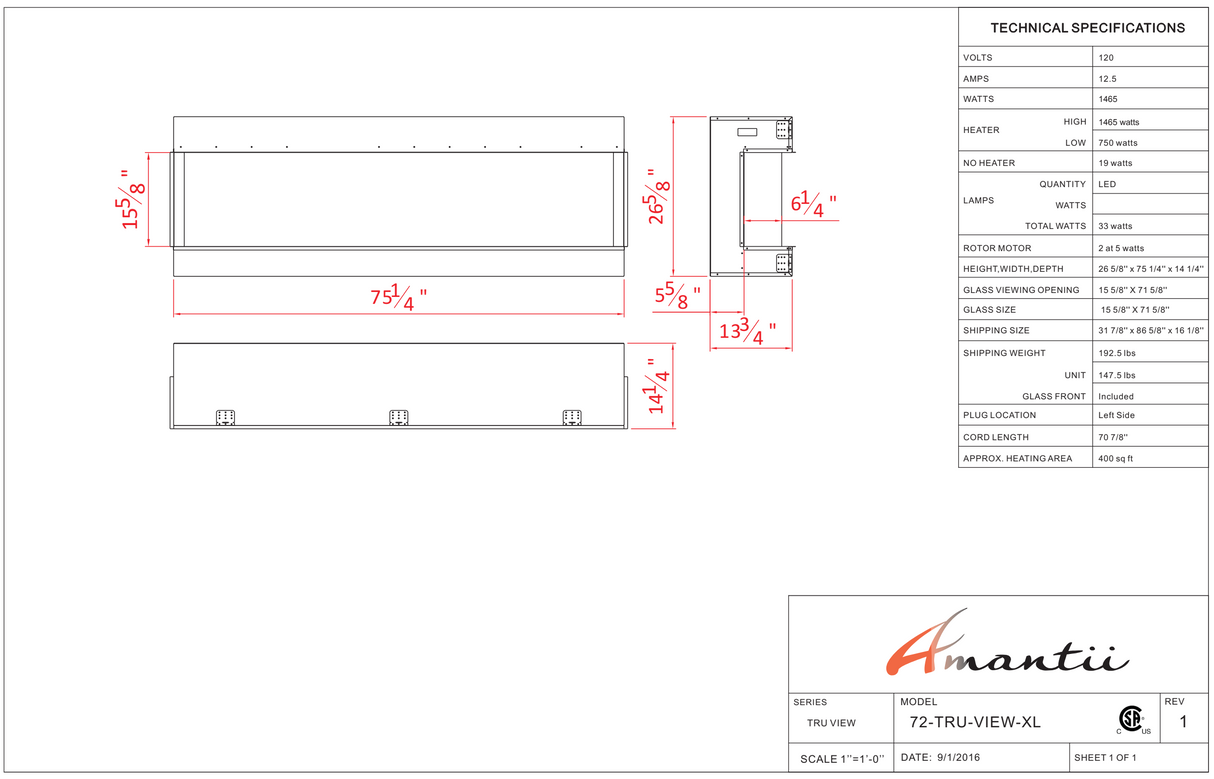 Amantii Tru View Deep Smart Electric - 72” Indoor / Outdoor WiFi Enabled 3 Sided Fireplace 72-TRU-VIEW-XL - Serene Yards