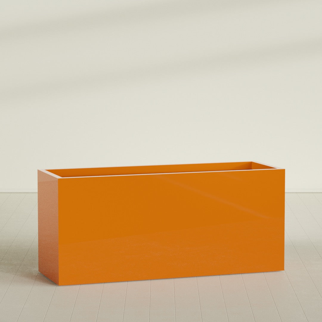 Brisbane Rectangular Planter in Gloss Tangerine, 72"L × 24"D × 32"H, shown empty