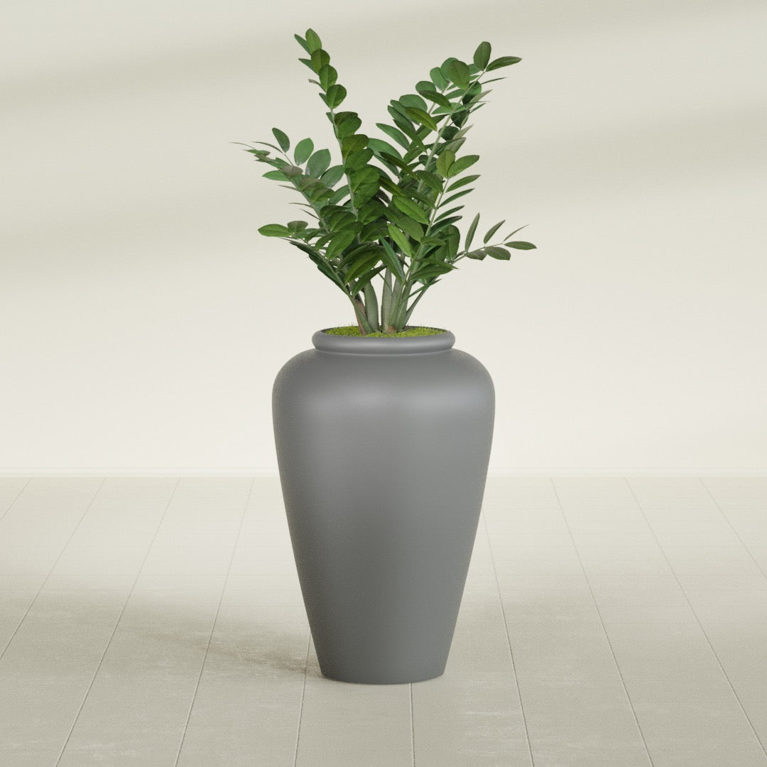 Barà Jar fiberglass planter in Matte Gunmetal, shown planted, in a sunlit interior
