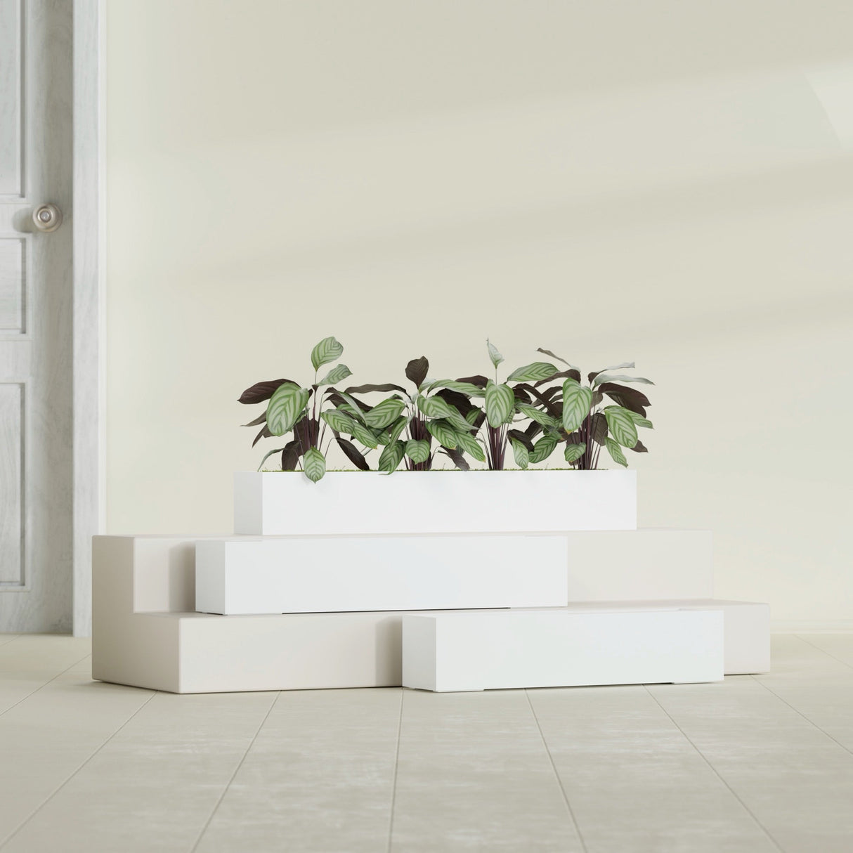 Salon Box fiberglass planter in Gloss Bright White, size range, in a sunlit interior