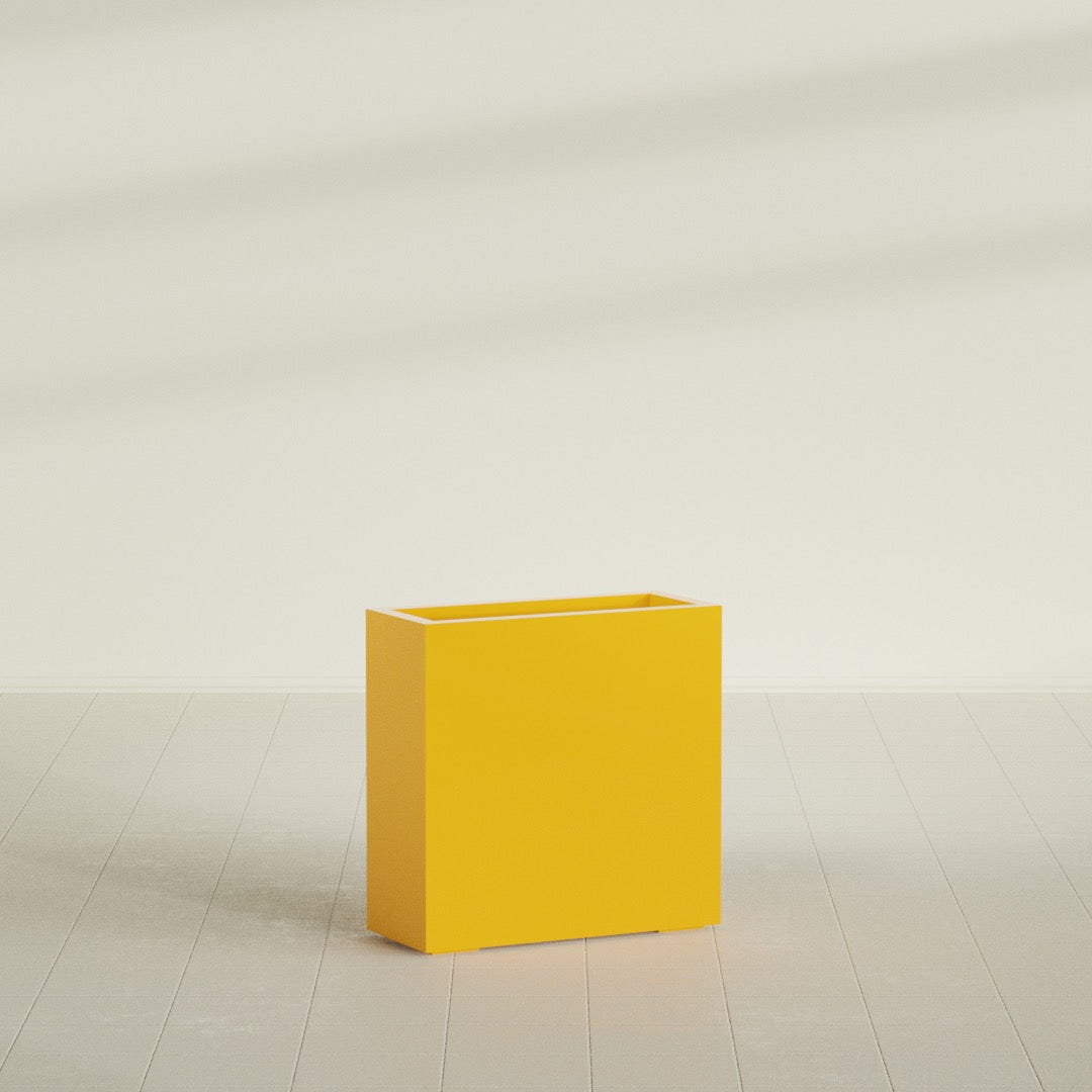 Milano Narrow Rectangular Planter in Gloss Saffron, 24"L × 10"D × 24"H, shown empty